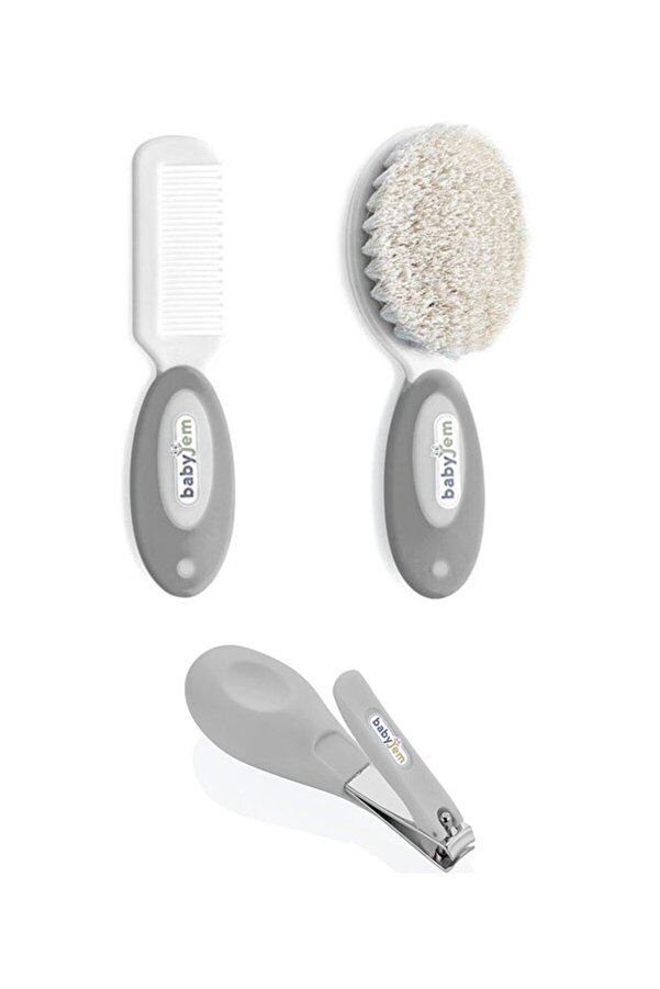 Babyjem 2'li Bebek Bakım Seti - Fırça Tarak + Çıt Çıt Tırnak Makası - Gri