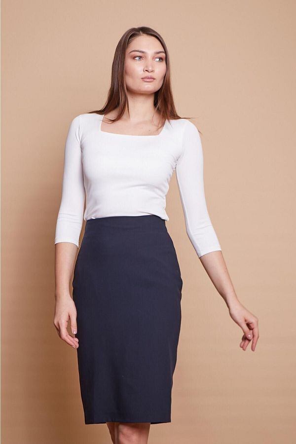 Up Shop Navy Blue Color Lined High Waist Below the Knee Light Lycra Slit Fabric Pencil Skirt Trendyol