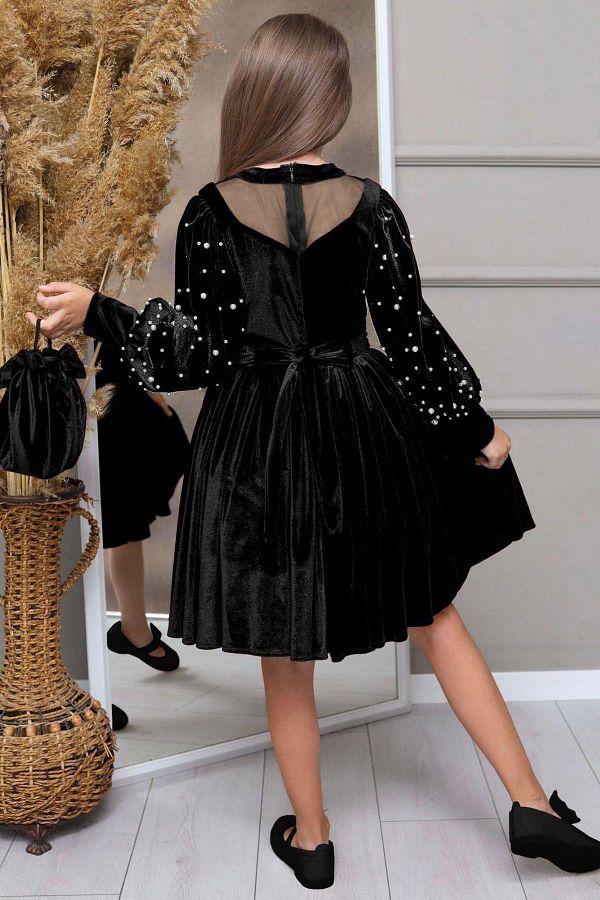 Riccotarz Girl s Velvet Black Dress with Transparent Collar and Pearl Detail Trendyol