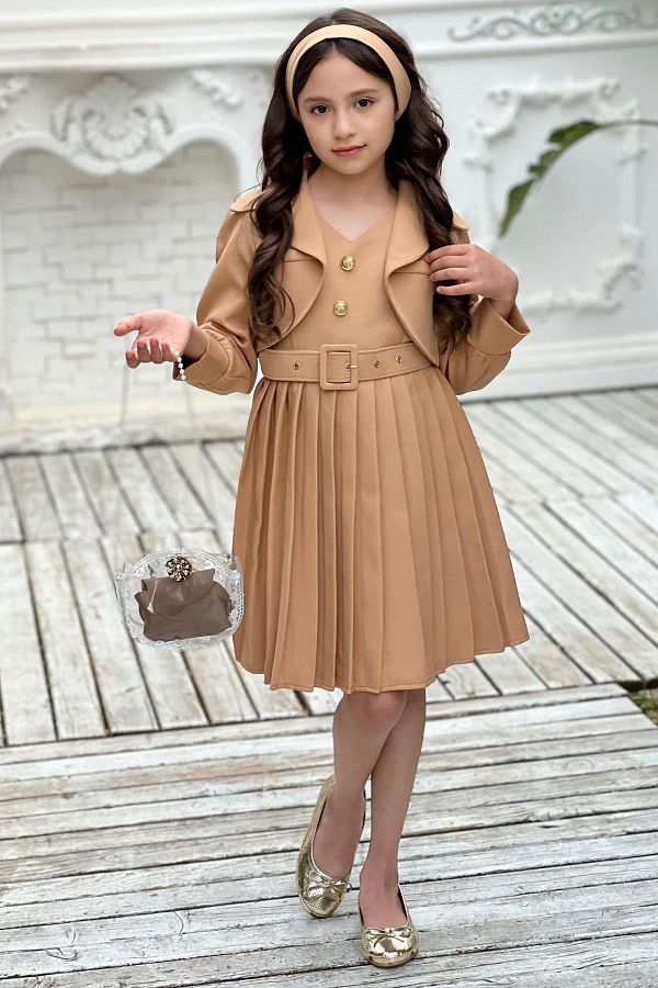 Riccotarz Girl s Blazer Jacket V Neck Buttoned Pleated Brown Dress Age 5 12 Trendyol
