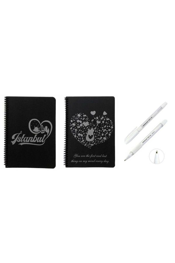 MEKAFİX-2 Pieces of Patterned Black Notebook Notebook with Black Leaves - Notebook with Black Pages 2 Pieces of White Gel Pen on the Side 1