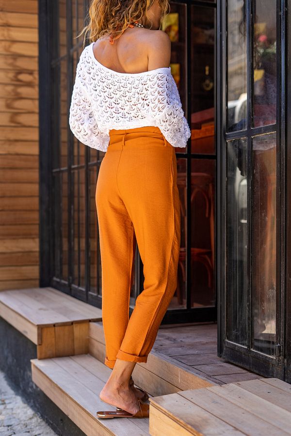 Gune k z Women s Brick Washed Linen High Waist Self Belted Skinny Leg Trousers GK BST3118 Trendyol