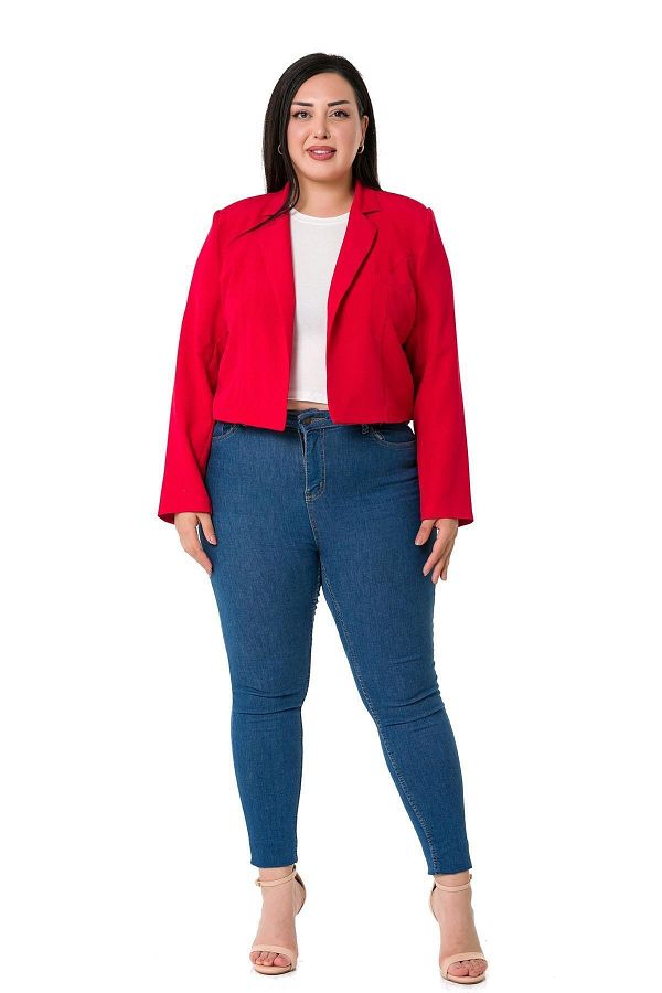 DISENTIS MODEST-Large Size Padded Unlined Short Red Jacket with Ornamental Pockets 1