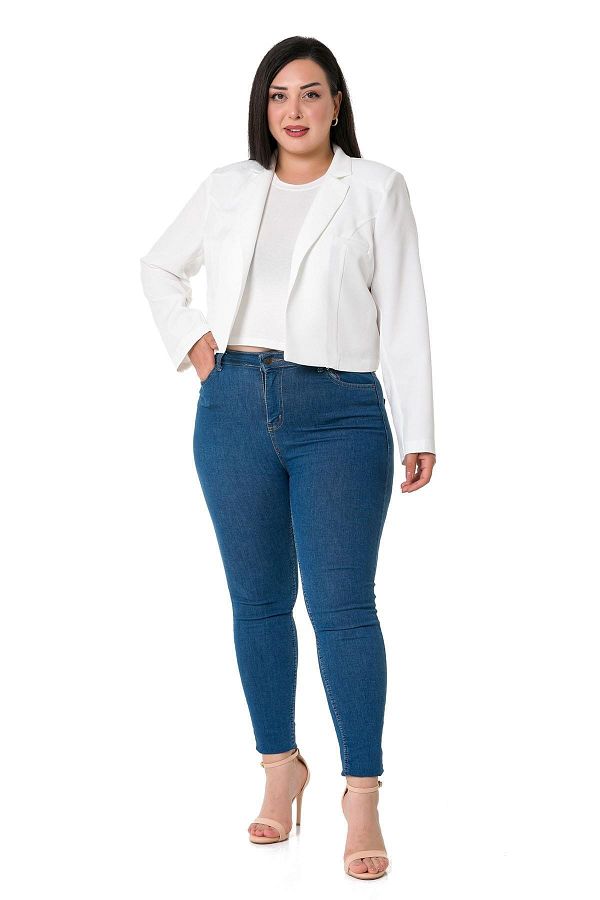 DISENTIS MODEST-Large Size Padded Unlined Short White Jacket with Ornamental Pockets 1