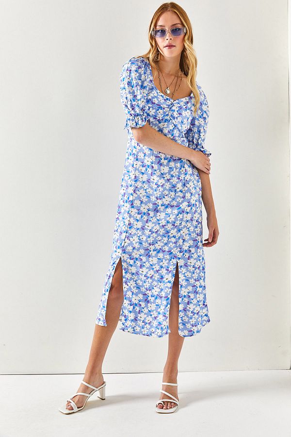 Olalook-Women's Blue White Heart Collar Double Slit Woven Viscose Dress ELB-19001936 1