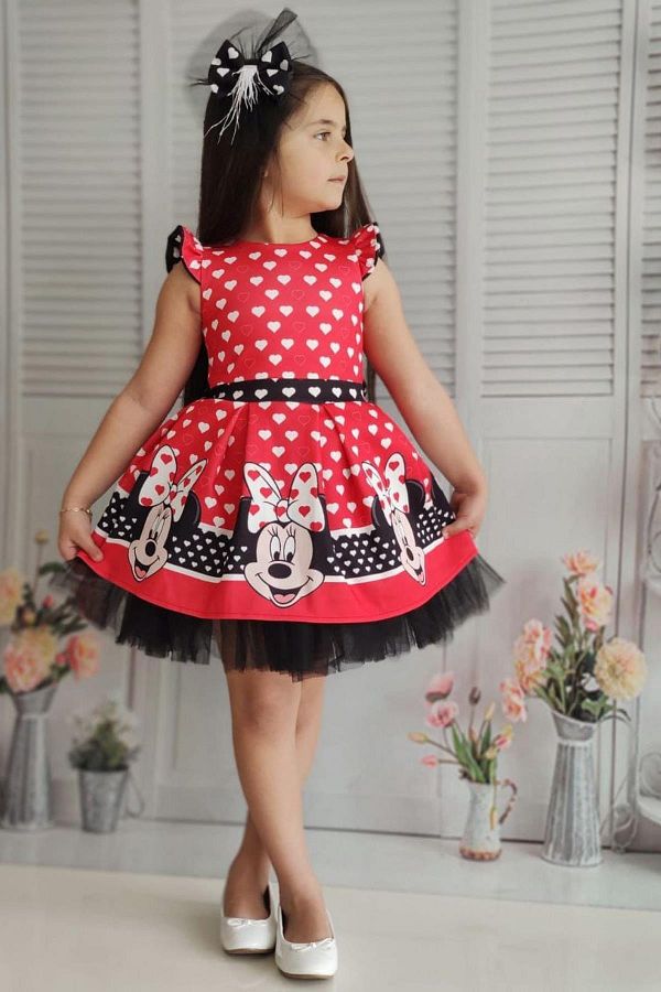 Riccotarz Girl s Heart Patterned Mickey Mouse Printed Red Dress