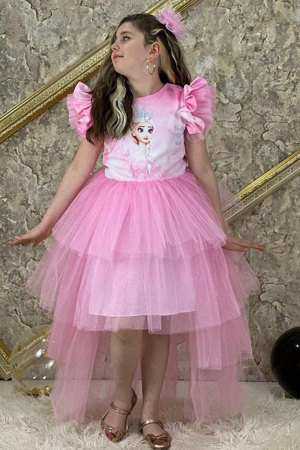 Riccotarz Girl s Elsa Printed Layered Tulle Pink Dress with Bow Detail on the Back Age 7 10 Trendyol