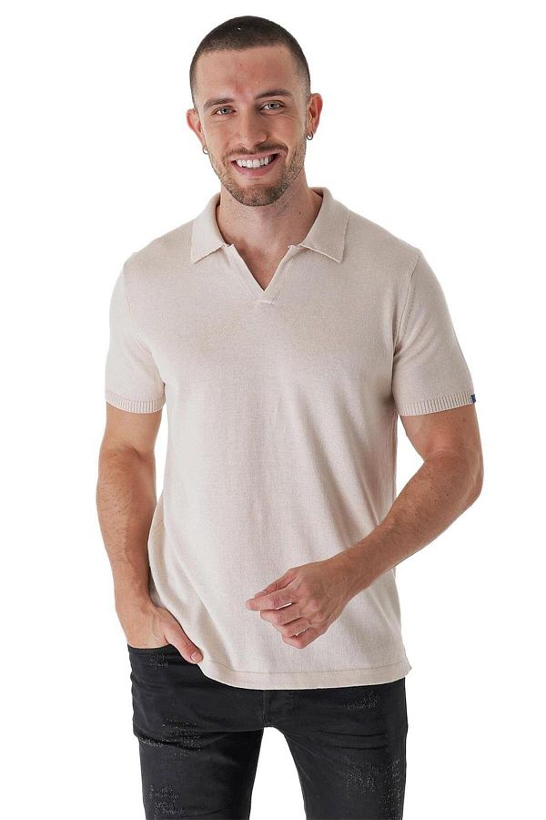 CHUBA-Men's Polo Neck Contrast Line Detailed Cotton Thin Knitwear T-shirt Beige 22sm209 1