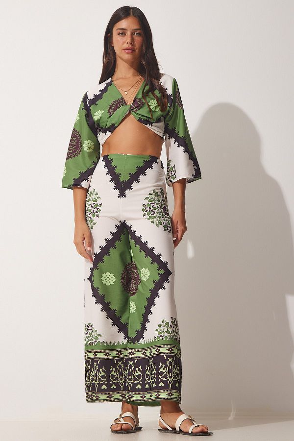 Happiness İstanbul-Grünes gemustertes Sommer-Bluse-Hosen-Set für Damen DM00131 1
