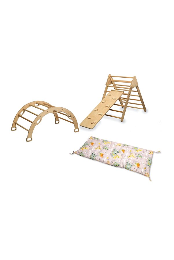 KIDOPPO Pikler Tırmanma Seti Ve Yastık | Montessori 3'lü Set | kemer Üçgen Taşlı Rampa Harita Yastık