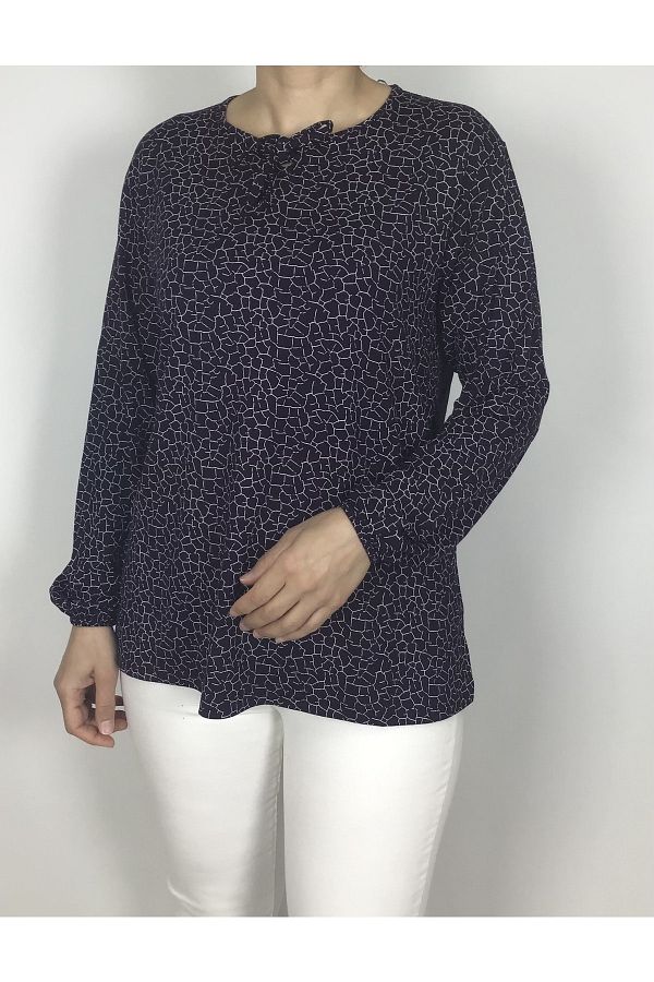 ECE GİYİM-String Collar and Rubber Sleeve Combed Cotton Blouse - Lycra and Patterned 1