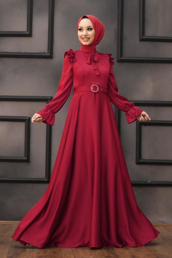 Neva Style Hijab Evening Dress Burgundy Hijab Evening Dress with Shoulder and Collar Detail 27240BR