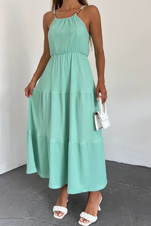 bayansepeti Layered Flared Cut Midi Length Summer Mint Green Dress with Bead Detail on Straps 10707 Trendyol