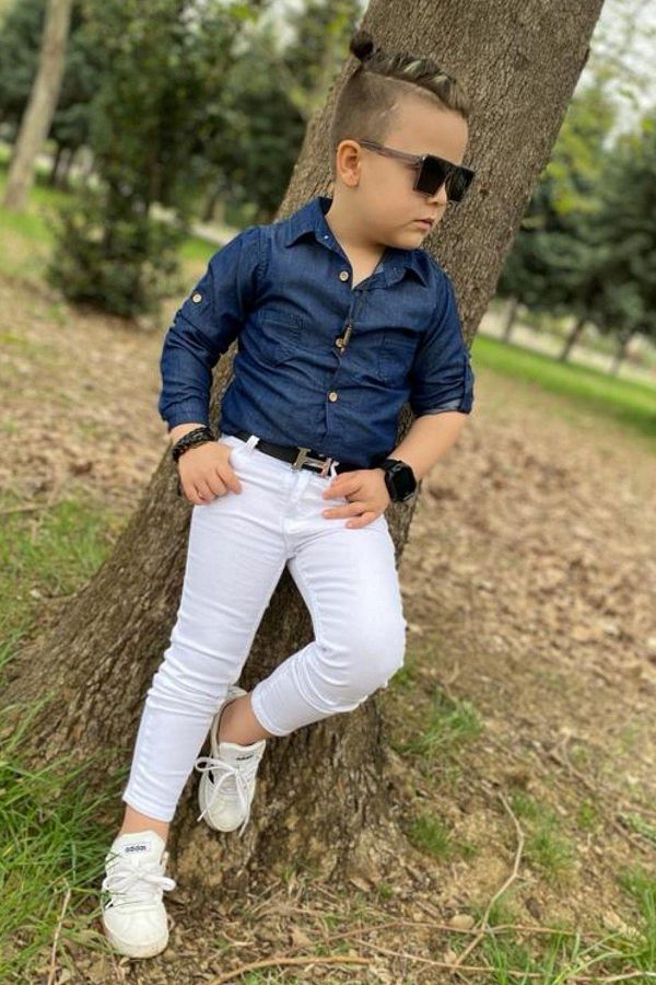 Riccotarz Boy s Navy Blue Shirt with Folded Sleeves and Top and Bottom Set with White Jeans Trendyol