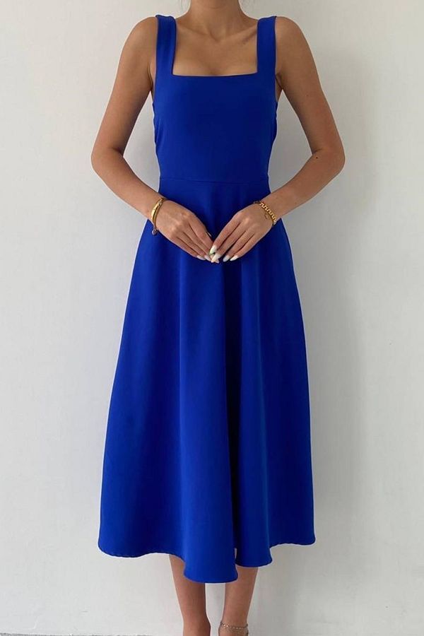 vuvutasarım-Damen-Abendkleid mit quadratischem Kragen und dicken Trägern in Midi-Länge in Saks-Blau 151 1
