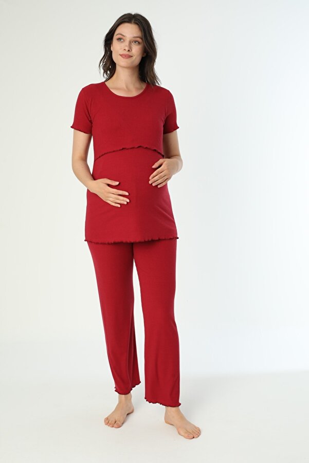 Miss Dünya Lissa Bordo Pamuk Fitilli Örme Kumaş Hamile ve Lohusa Pijama Takımı