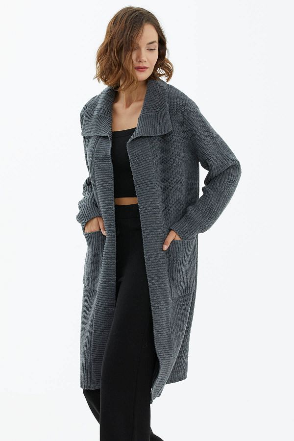 Sementa Wide Collar Loose Knitwear Long Cardigan Dark Gray Trendyol