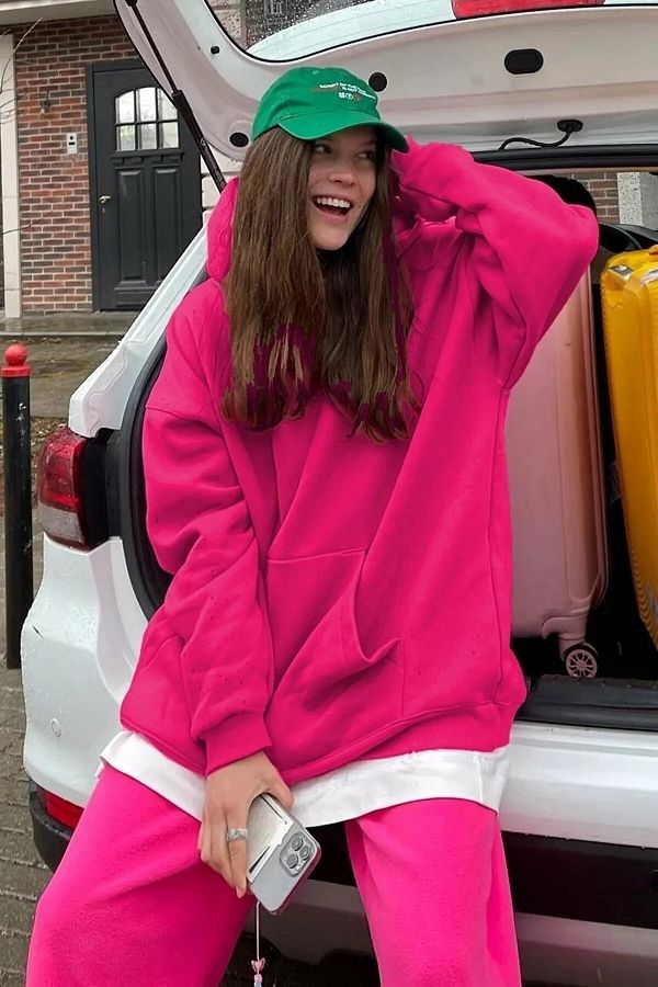Machetta-Plus Size Fuchsia Unprinted Hooded Oversize Sweatshirt 1