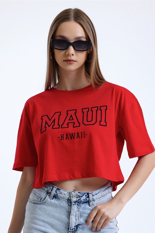 MD trend-Tricou de damă roșu cu imprimeu decoltat de bază cu decolteu rotund 1