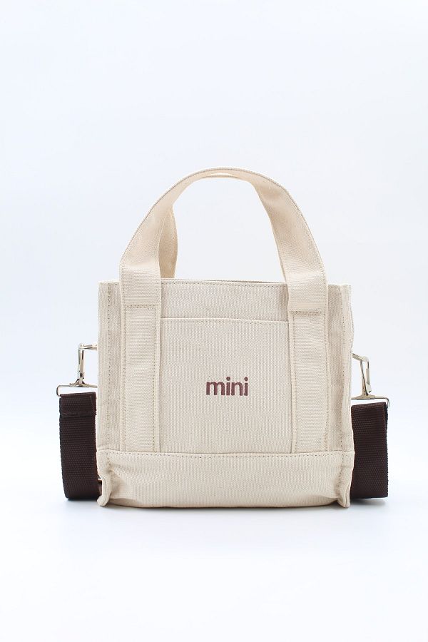 NOTHING-Mini Lettered Canvas Fabric Lined Beige Cross Shoulder and Handbag with Brown Strap 1