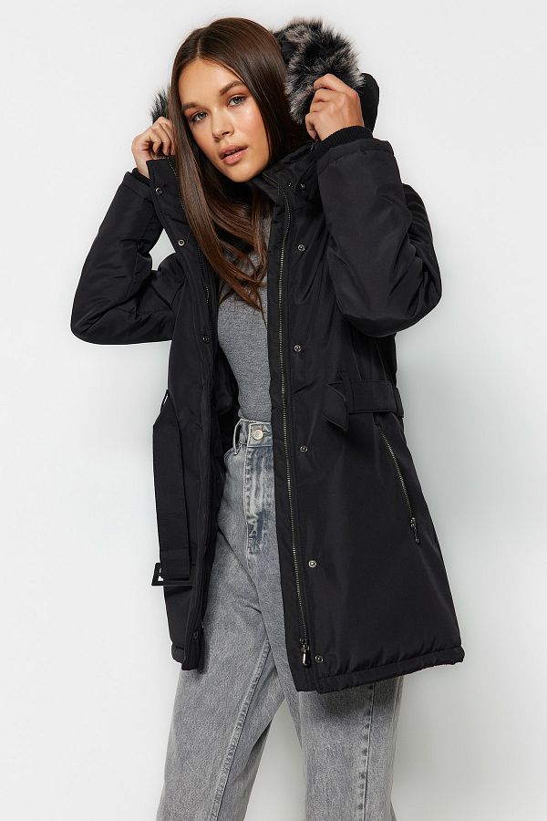 Black belted parka coat discount