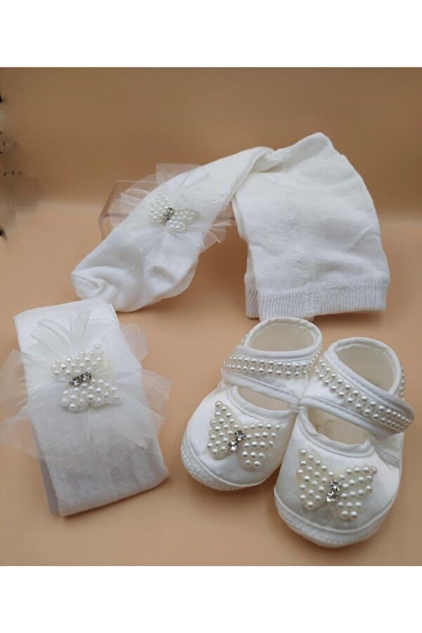 FOURS AYAKKABI Çikita Baby Kız Bebek Taşlı Tüllü Patik - Bandana - Külotlu Çorap Takımı ( Kız Bebek Hediyelik )
