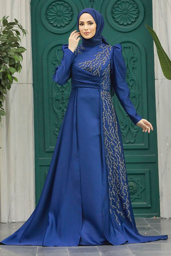 Neva Style Navy Blue Bead Embroidered Hijab Evening Dress 2295L Trendyol