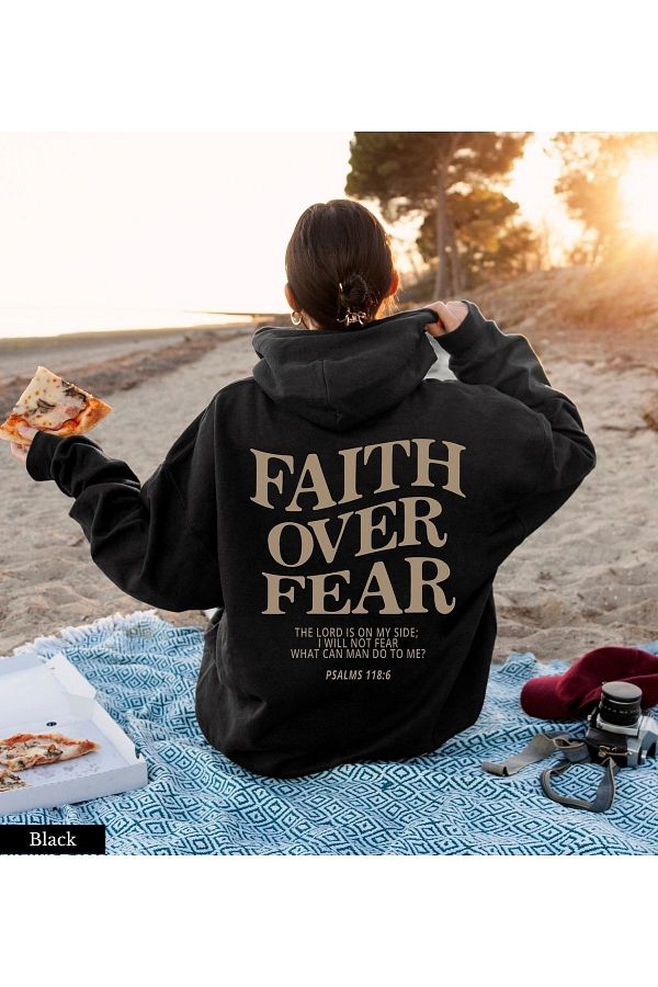 Benisengiydir Women s Faith Over Feer Printed Oversize Black Hooded Sweatshirt Trendyol
