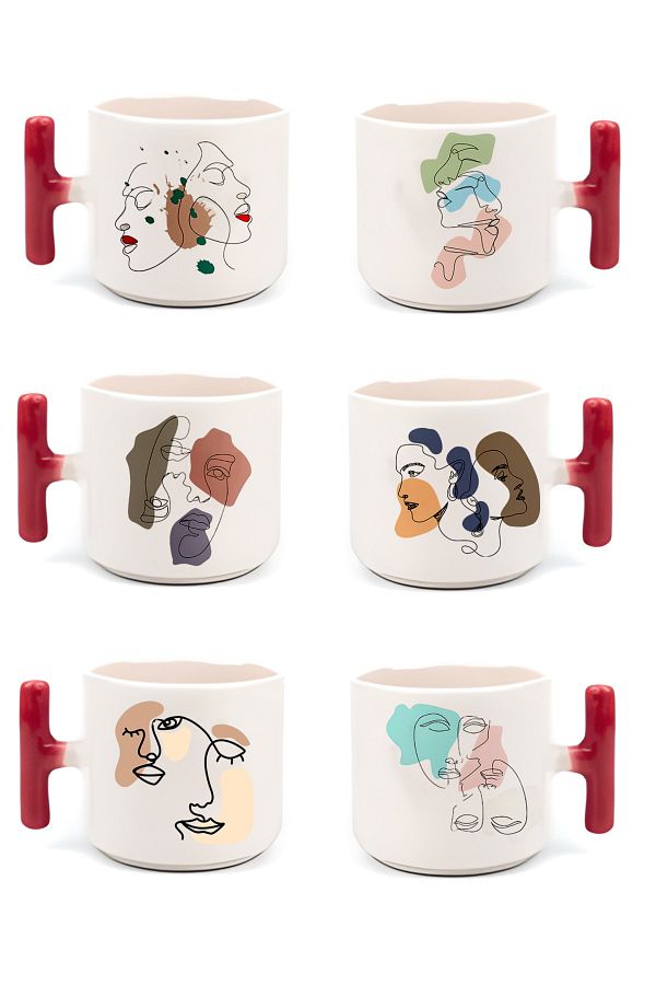 GünayStore-DRAWING WOMEN PRINTED COLORFUL T HANDLE NESCAFE & LATTE CUP SET OF 6 1