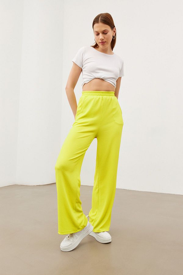 Yefrastore Neon Yellow Elastic Waist Double Pocket Wide Leg Wrinkled Trousers Trendyol