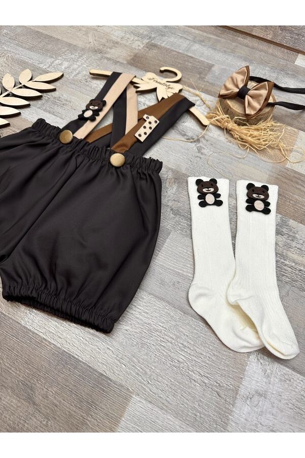 Feriatolye Koyu kahve erkek bebek salopet ayıcık konsepti 1 yaş doğum günü kıyafeti