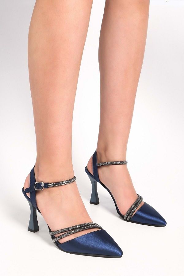 Shoeberry-Women's Madeliyn Navy Blue Satin Stone Heeled Shoes 1