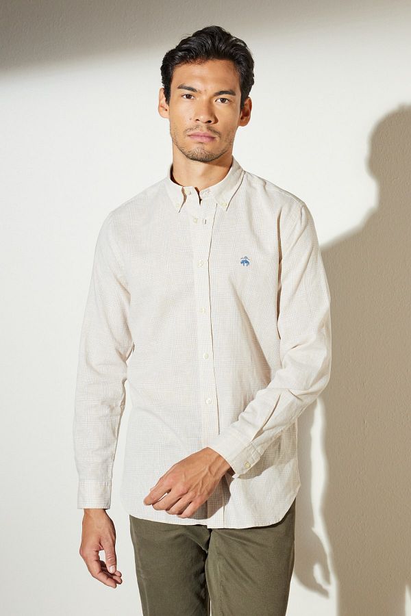 BROOKS BROTHERS-Beige kariertes Slim-Fit-Hemd aus Leinen mit geknöpftem Reversmuster für Herren 1