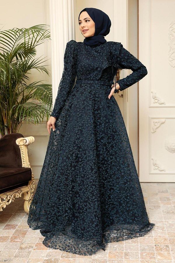 Neva Style Hijab Evening Dress Lace Navy Blue Hijab Evening Dress 22421L Trendyol