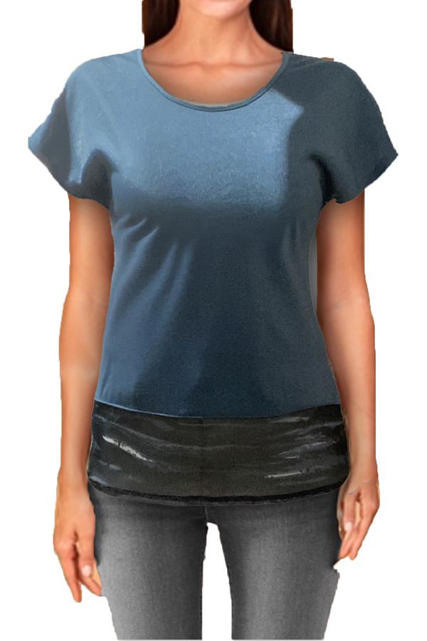 Hidden Beauty-Round Neck Short Sleeve Shiny Fabric Chiffon Detail Slit T-shirt 1