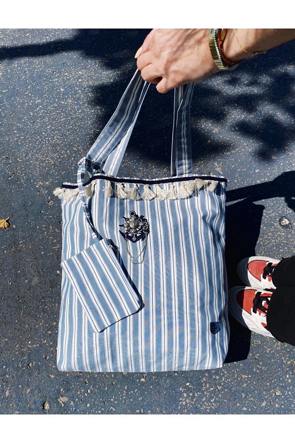 Satori Design-Blue - White Linen Fabric Handmade Ethnic Bag - With Additional Small Bag 1