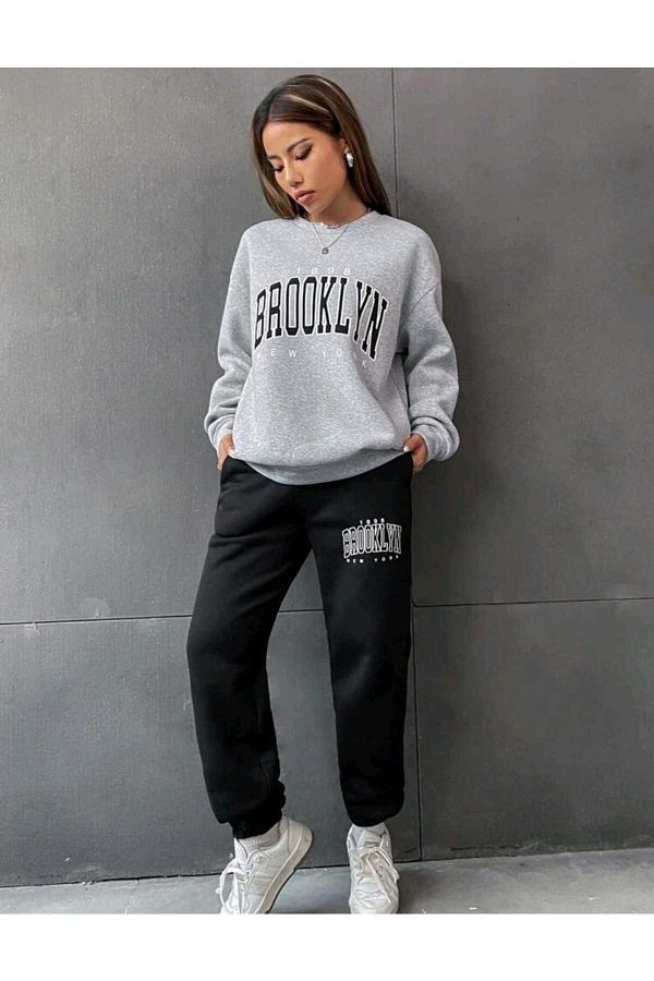 FAVOR ST Brooklyn Printed Bottom Top Set Cotton Sports Crew Neck Sweatshirt And Elastic Sweatpants Trendyol