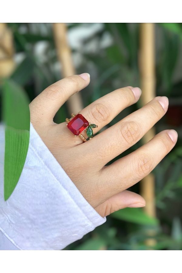 neslyaccessories Colorful Square Stone Ring with Yaptak Detail Trendyol