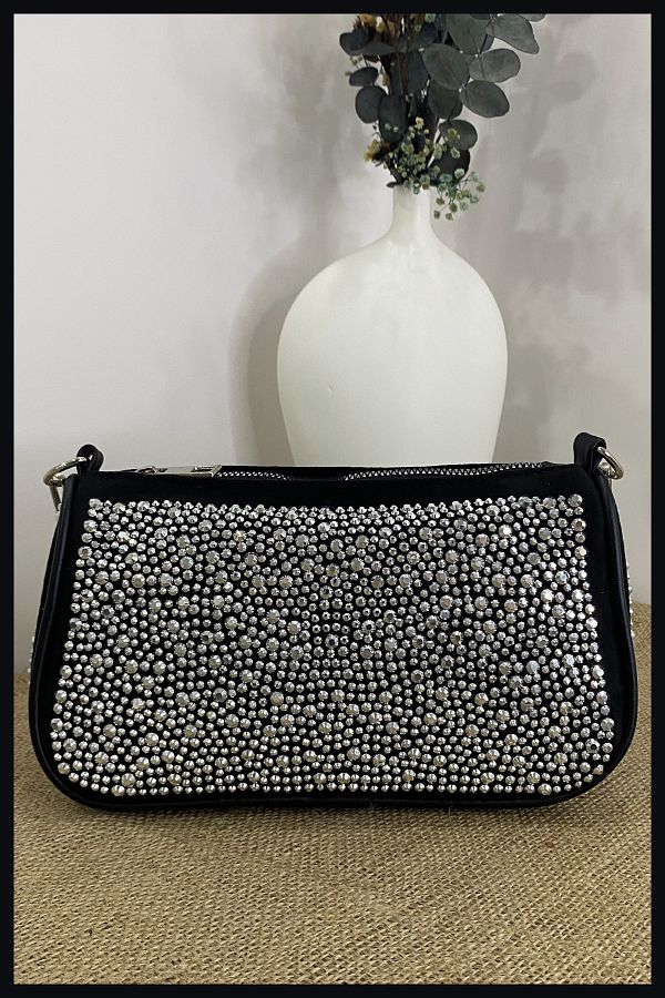 Keybird Black Women s Shiny Crystal Stone Embroidered Suede Leather Hand and Arm Strap Chain Shoulder Strap Suede Bag Trendyol