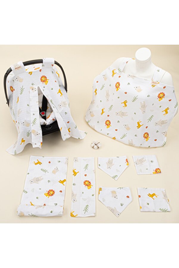 Yunikobaby 9 Parça Set - Aslan - Puset Seti,Müslin Örtü,Önlük Mendil Set,Emzirme Önlüğü