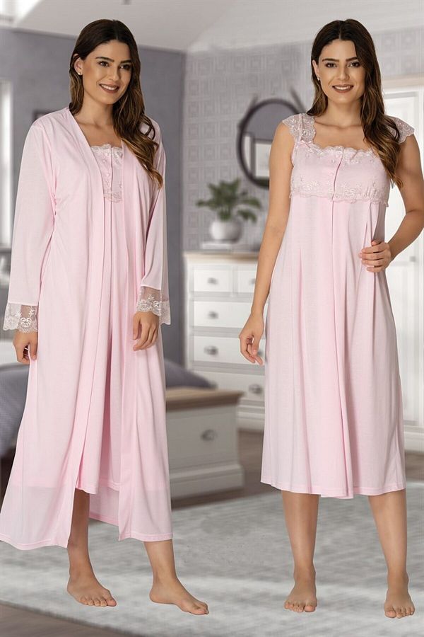 Lohussa Pink Lace Detailed Effort Maternity Nightie and Dressing Gown Set Trendyol