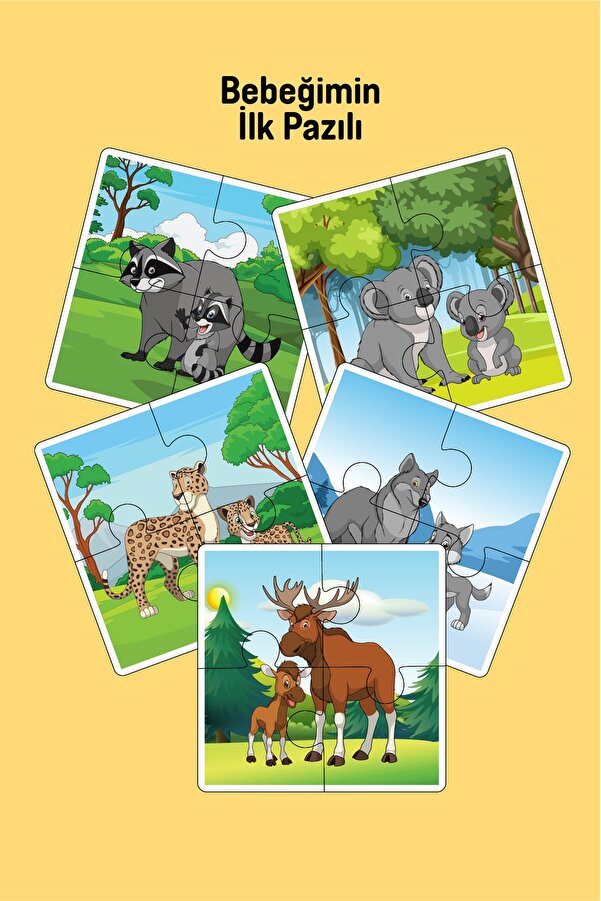 metafortoys 5 Adet Ahşap 4 Parça Yapboz Bebeğimin İlk Pazıl Seti (Rakon-Koala-Leopar-Kurt-Muse)