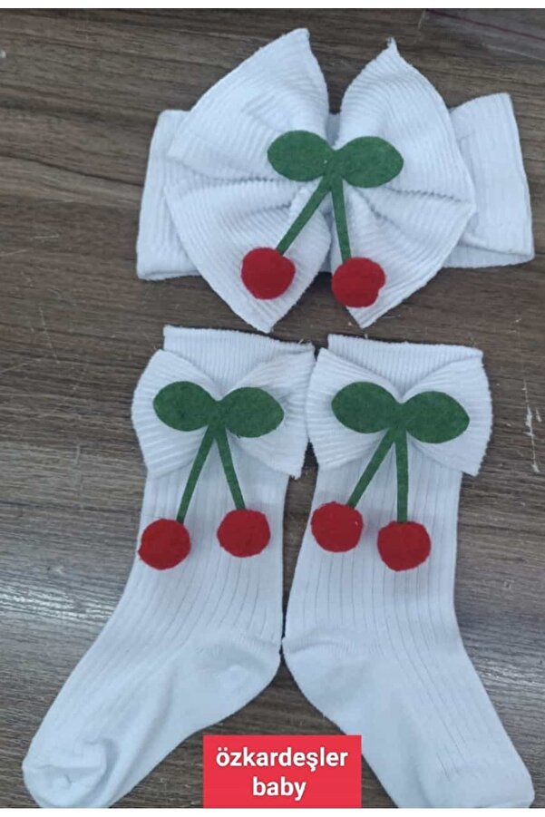 ÖZKARDEŞLER BABY 2Lİ SET KİRAZLI RİBANA BANDANA VE DİZALTI FİYONKLU BEBEK ÇOCUK ÇORAP