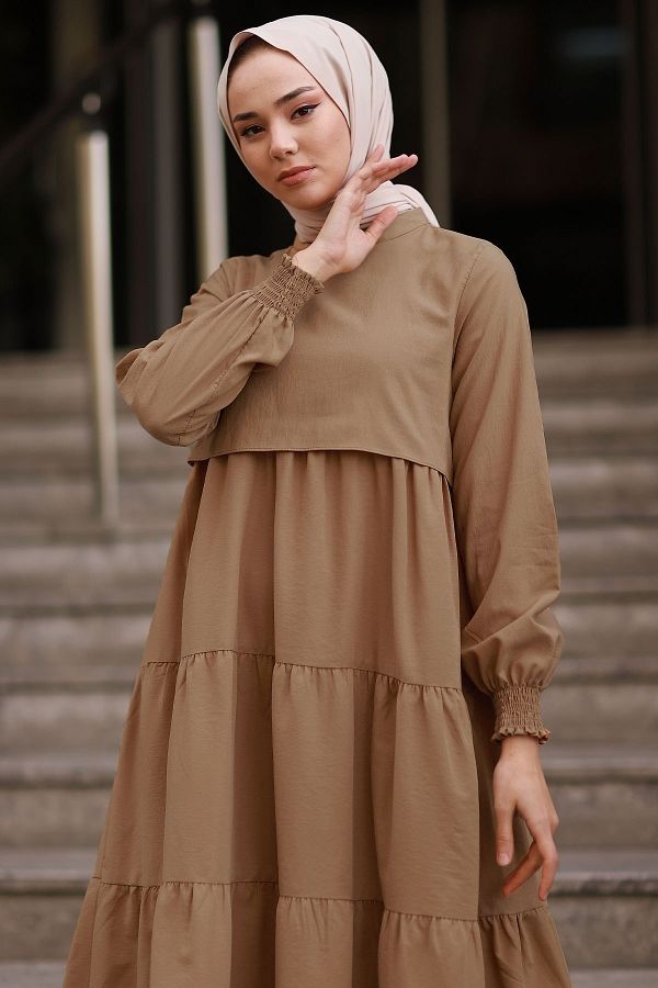 InStyle Single Layer Detailed Casual Hijab Dress Tan Trendyol