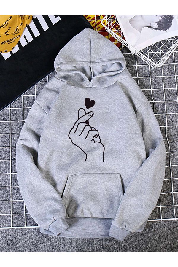DUBU BUT K Hand Heart Sweatshirt Gray Printed Oversize Hoodie Trendyol
