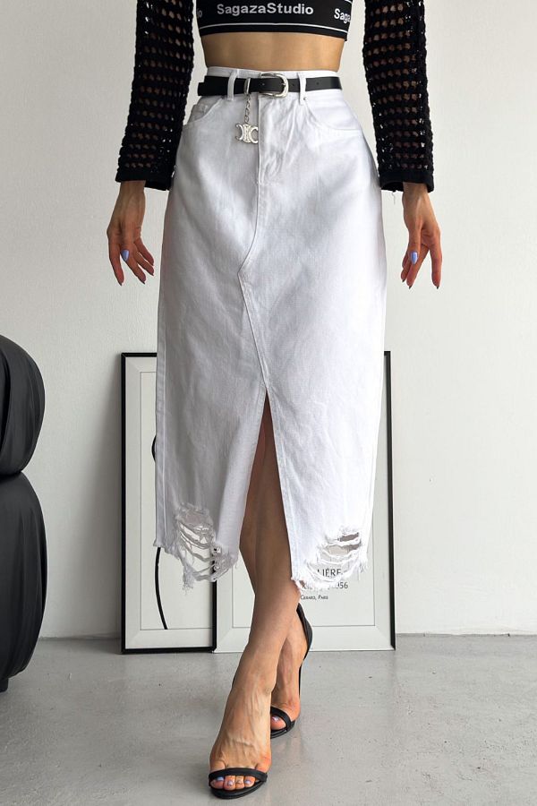 White jean skirt ripped discount