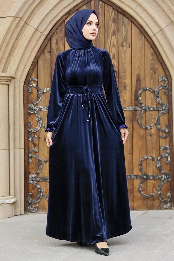 Neva Style Navy Blue Hijab Velvet Dress 36921l Trendyol
