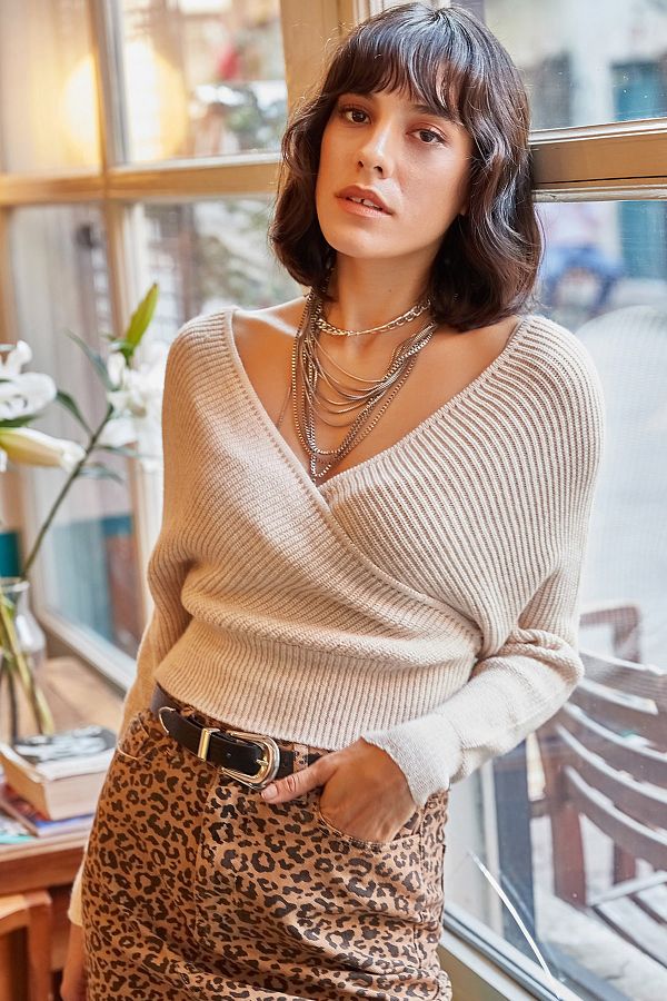 Olalook-Damen Strickpullover mit V-Ausschnitt und Knopfleiste vorne und hinten in Steinoptik KZK-19000076 1