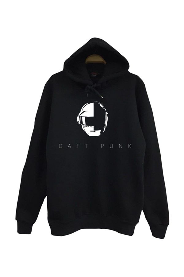 fame stoned Unisex Black Daft Punk Printed Hooded Sweatshirt Trendyol