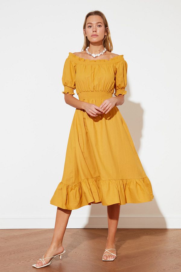 Trendyol Collection-Camel Skater Waist Opened Gimp Midi Woven Linen Dress 1